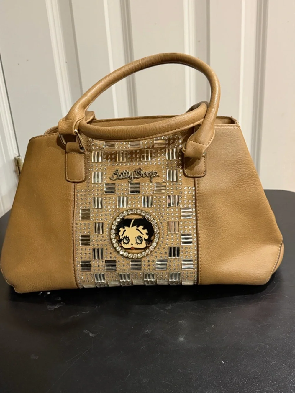 Betty Boop Tan faux leather Satchel with Rhinestone Logo Accent
